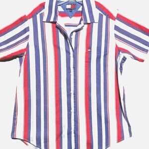 Tommy Hilfiger Button Up Shirt Womens 10 Striped Red Blue White Short Sleeved